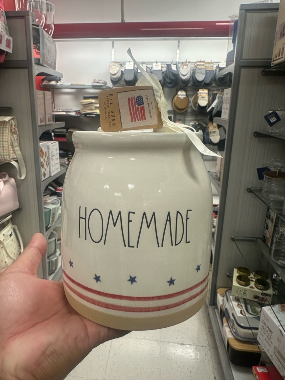 Rae Dunn Cream Ceramic "HOMEMADE" Jar with Red and Blue Accent